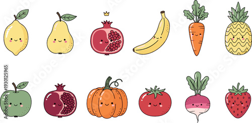 Cute kawaii fruits and vegetables set with smiling faces – lemon, banana, pumpkin and more