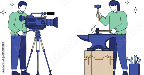 Professional career set featuring videographer with cinema camera and blacksmith working at an anvil flat vector illustration for job and vocational training concepts.