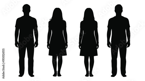 Four people standing in a row as black silhouettes isolated on white background, Vector