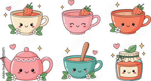 Cute kawaii tea and strawberry drinks vector set with smiling cups, teapot and jam jar illustration