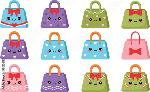 Cute kawaii handbags set with bows and smiling faces – colorful fashion purse collection