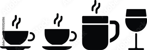 Black drink silhouettes set with coffee cups, tea mugs, and wine glass icons, beverage symbols, isolated vector illustrations.