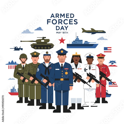 Illustration of diverse military personnel representing Armed Forces Day