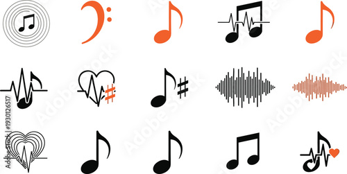 Musical notes and heartbeat pulse icon set combining audio symbols with EKG heart rate lines for fitness and emotional health designs.