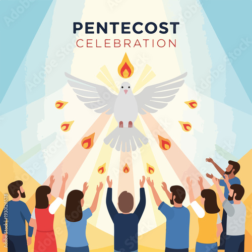 Illustration of dove surrounded by flames with people reaching upwards in adoration