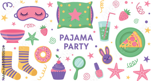 Cute pajama party vector illustration set with sleepover elements, pillow, cupcake, socks and fun girly accessories