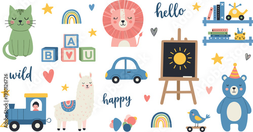 Cute nursery animals and toys vector set with lion, cat, llama, train, teddy bear and rainbow illustration