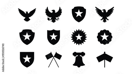 Vector design showcase featuring patriotic symbols and icons including eagles shields stars flags and bell on white background