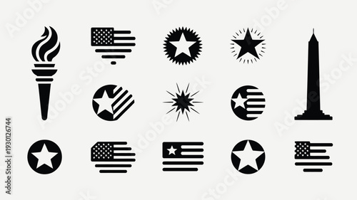 Collection of 12 independence day patriotic silhouettes and icons including american flags stars and monuments on gray background