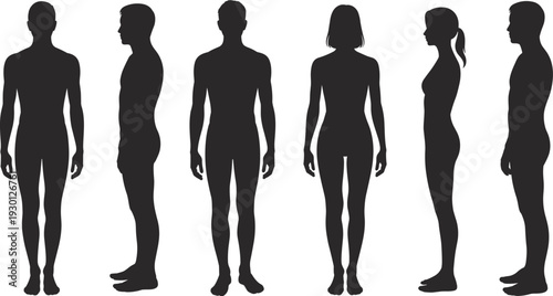 Black human body silhouettes set with men and women front and side view poses, anatomical figures, isolated vector.