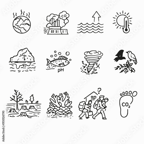 Conceptual icons of environmental change illustrating global warming and climate impact.
