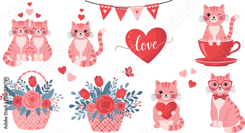 Cute pink cats and Valentine elements set with hearts, flowers and love decorations