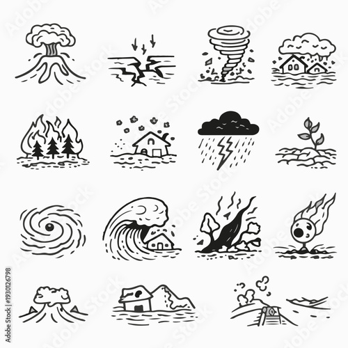 A set of various natural disasters, line art illustration of destructive forces of nature.