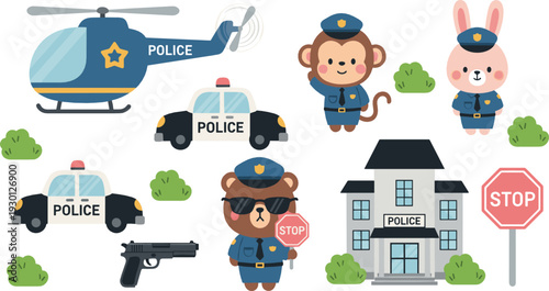 Cute police animals vector set with patrol car, helicopter, station building and cartoon officer characters