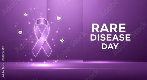 Purple ribbon with hearts on rare disease day background with text