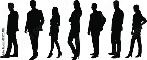 Black silhouettes of professional business people men and women standing in various poses wearing formal suits and office attire isolated on white background vector