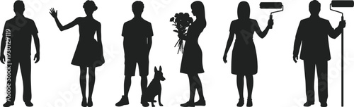 People silhouettes collection, men and women standing isolated on white background
