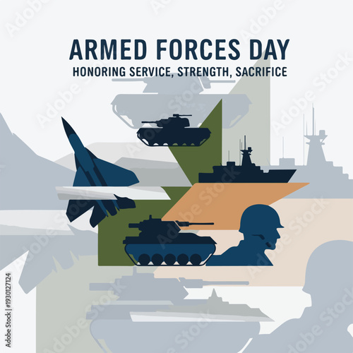 Illustration of military equipment and silhouettes honoring service