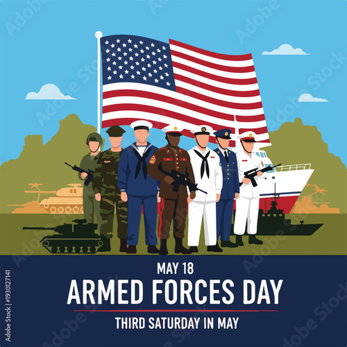 Illustration of military personnel, flag, and naval vessels