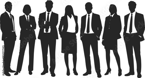 Black silhouettes of diverse professional business people men and women standing in a row wearing formal suits and ties isolated on white background for corporate concepts