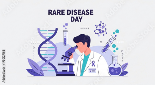 Scientist in lab coat examining dna structure on rare disease day with microscope and test tubes