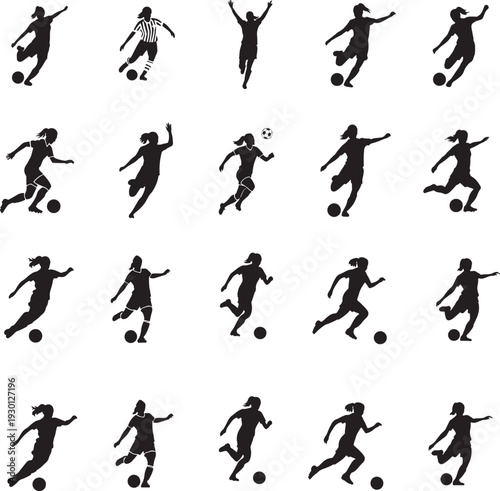 Young girl soccer player silhouettes kicking and running on field