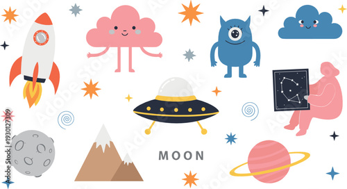 Cute space adventure vector illustration set with rocket, UFO, planet, moon, alien and galaxy elements for kids