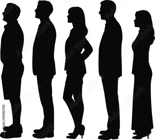 Black silhouettes of diverse professional men and women standing in a line waiting for service or interview isolated on white background for business concepts