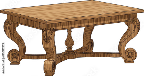 Elegant antique wooden coffee table with intricate wood grain texture and decorative cabriole legs for luxury home interior and classic furniture design.