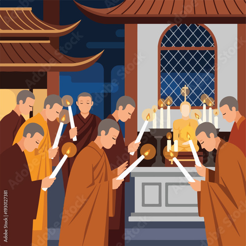 Illustration of monks performing a religious ritual with candles