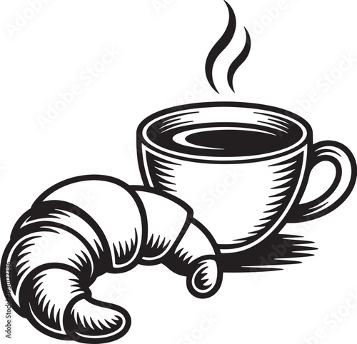 Black and white illustration of steaming hot coffee cup and fresh croissant for breakfast