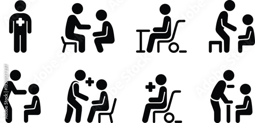 Black medical icons set, doctor patient interaction symbols, healthcare assistance, nursing care, clinic services, isolated hospital vector illustration.