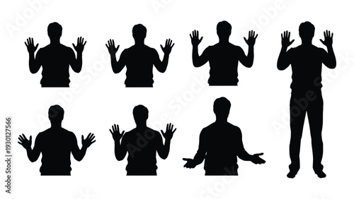 A set of black silhouette illustrations of a man gesturing isolated on white background, Vector