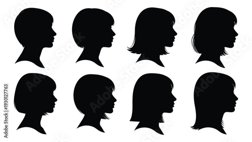 A group of seven black silhouette portraits isolated on white background, Vector