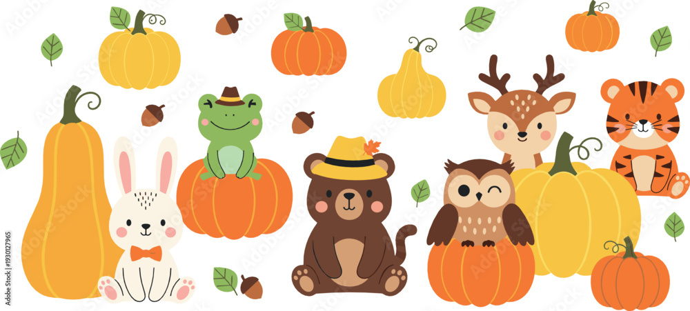 Fototapeta premium Cute woodland animals with pumpkins vector illustration set for autumn harvest, featuring bear, fox, owl and bunny