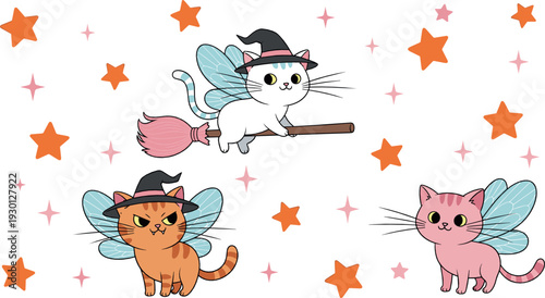 Cute witch cat fairy vector illustration set with wings, broomstick and magical cartoon characters