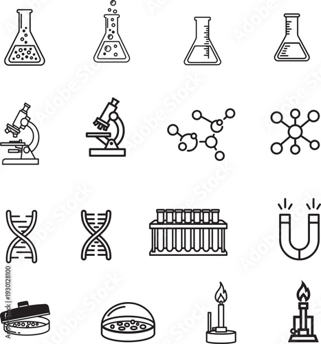 Scientific equipment and molecular structures in a linear icon set