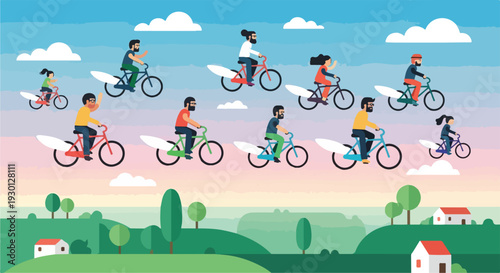 Illustration of people riding bikes with surfboards attached in a cartoon style