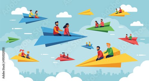 Illustration of people riding paper airplanes in a colorful sky scene