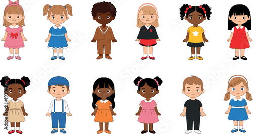 Diverse children cartoon characters vector set with boys and girls in different outfits isolated illustration collection