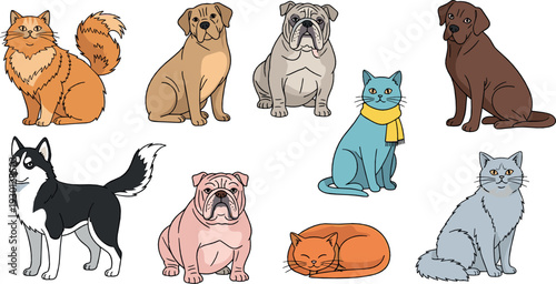 Domestic cats and dogs vector illustration set with different breeds in sitting and resting poses