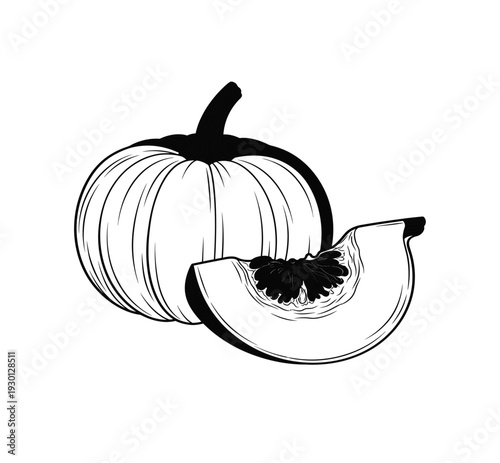 A black and white drawing of a whole pumpkin and a slice of pumpkin