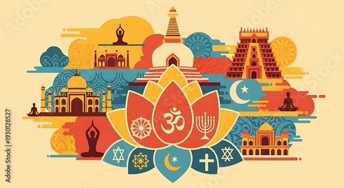 A colorful illustration showcasing iconic religious structures and symbols within a lotus flower, signifying faith unity