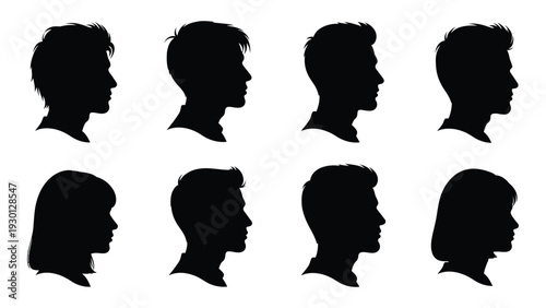 A group of seven black silhouette profiles of people isolated on white background, Vector