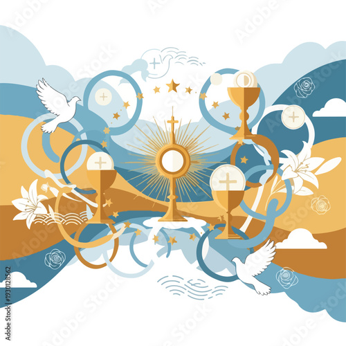 Illustration of religious symbols, chalices, and a central sun-like figure