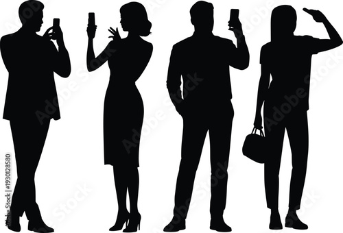 Black silhouettes of people using smartphones, men and women taking photos and selfies, mobile technology icons, isolated vector.