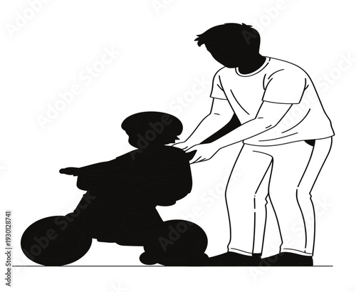 A man helps a child on a tricycle