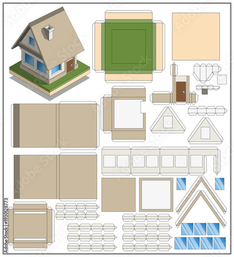 Private house. A set for making a paper model. Isolated on white background. Vector illustration.
