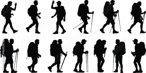 Black silhouettes set of hikers with backpacks and trekking poles, people walking, mountain climbing, outdoor adventure, isolated vector.