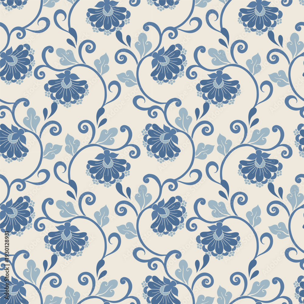 Obraz premium Seamless Blue Floral Ornamental Pattern on Beige Background
